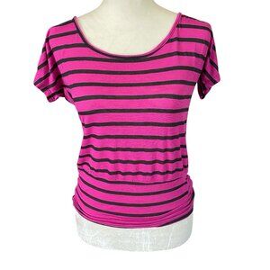 Vintage Deb pinkish purple and black striped short sleeve top black lace XS